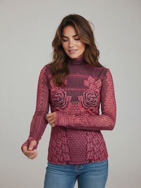 Afrm mesh black and red top printed with distinctive  rose graphics  M
